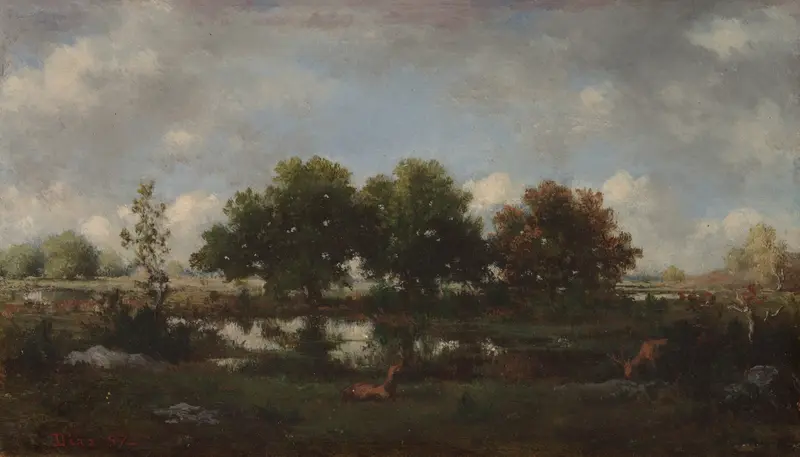 A serene forest landscape featuring stags in a natural setting.