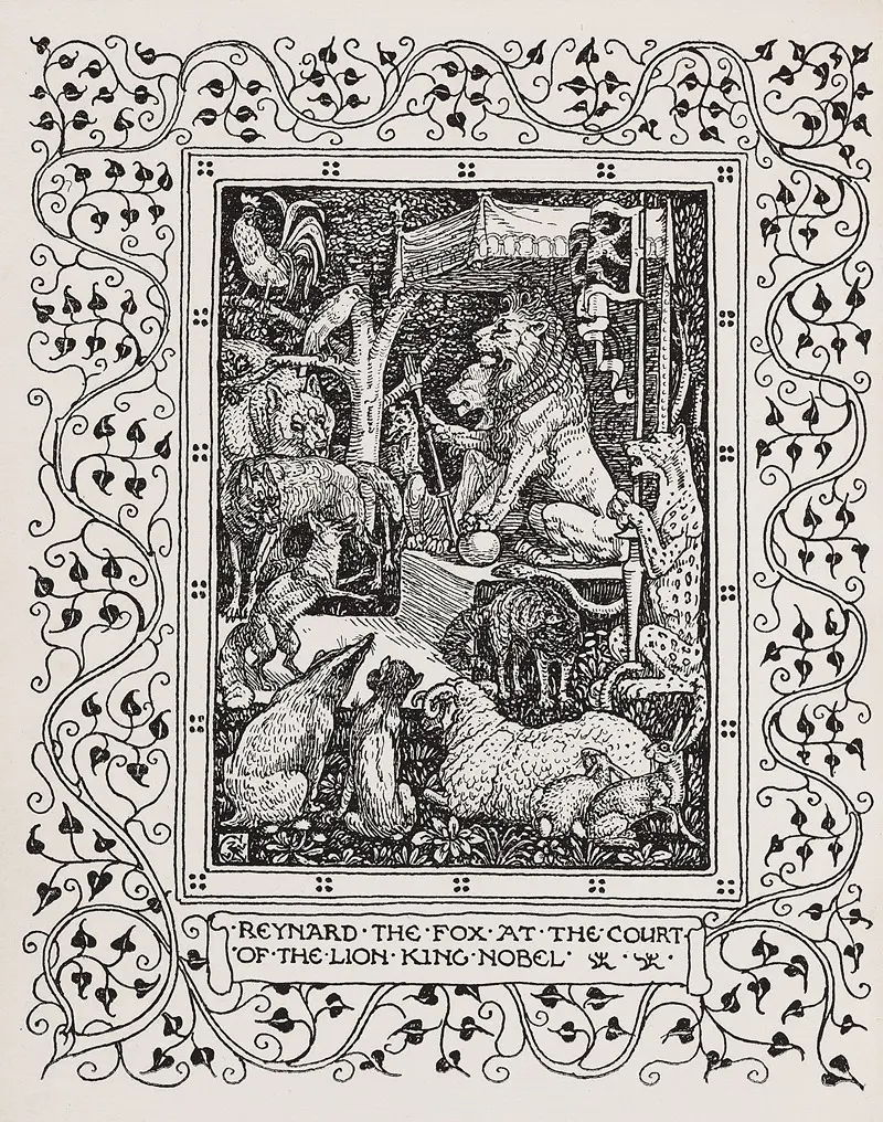 Walter Crane's 'The history of Reynard the Fox' illustrates a classic fable with vibrant colors and intricate details.