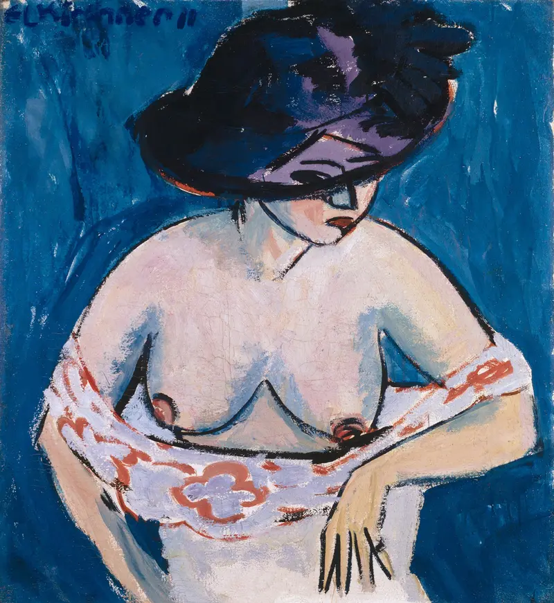A nude woman with a large hat, her gaze averted, set against a vibrant blue background.