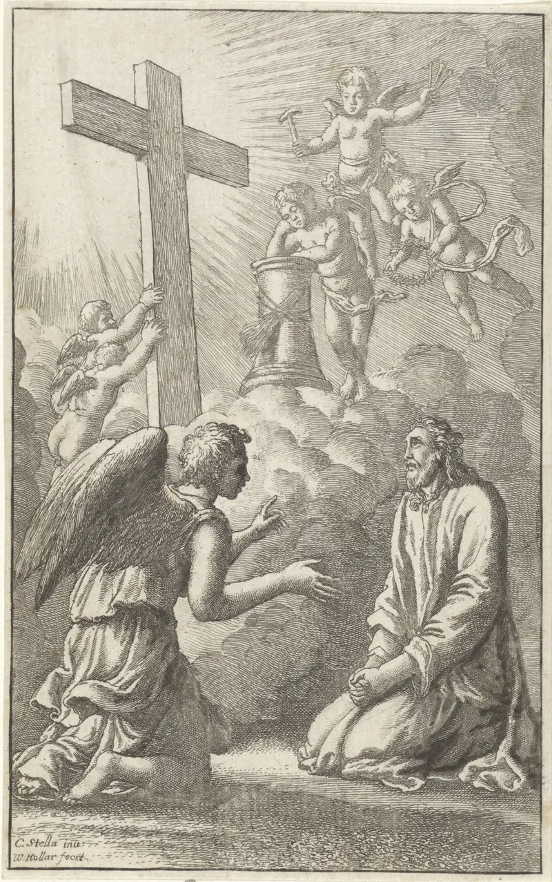 Kneeling Christ surrounded by angels with passion tools, etching by Wenceslaus Hollar