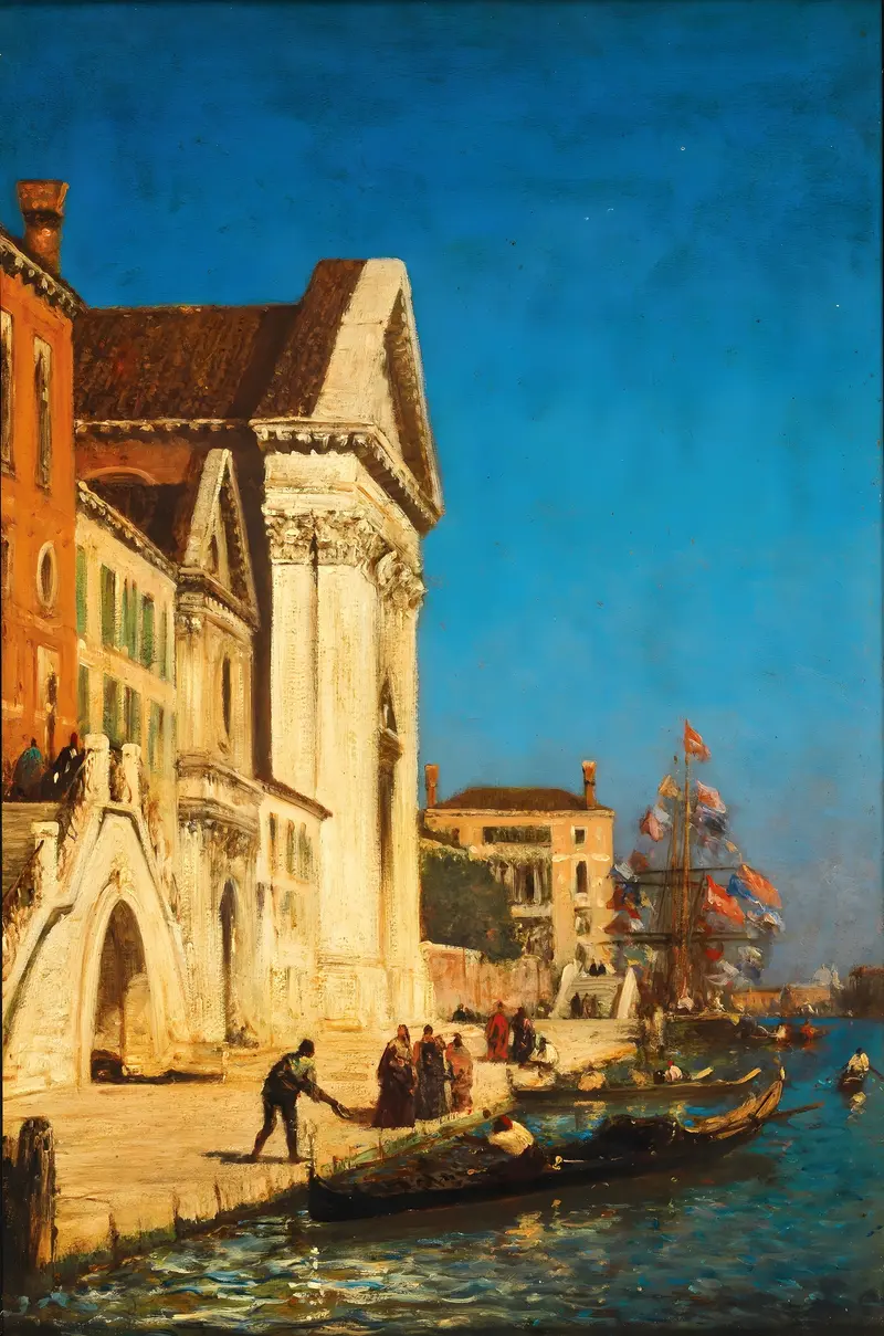 Venice, Canale della Giudecca oil painting by Félix Ziem showing shimmering reflections.