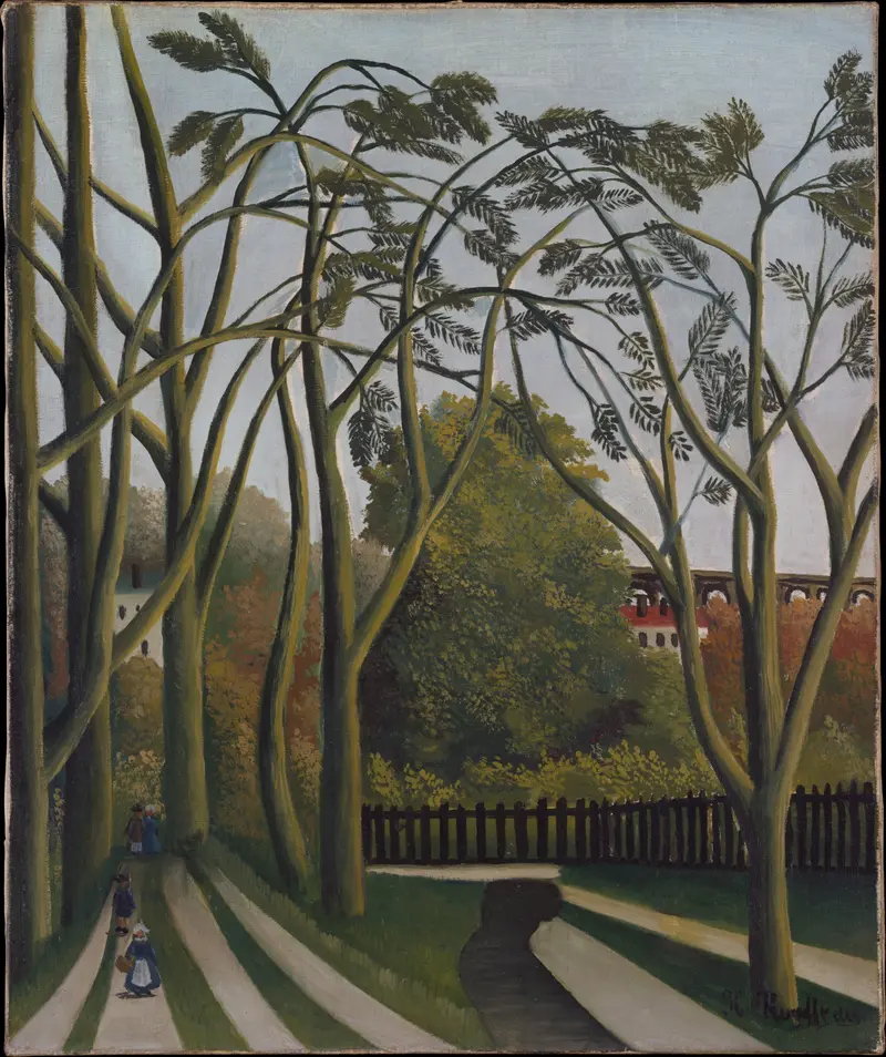 Landscape with lush foliage and a river, oil painting by Henri Rousseau
