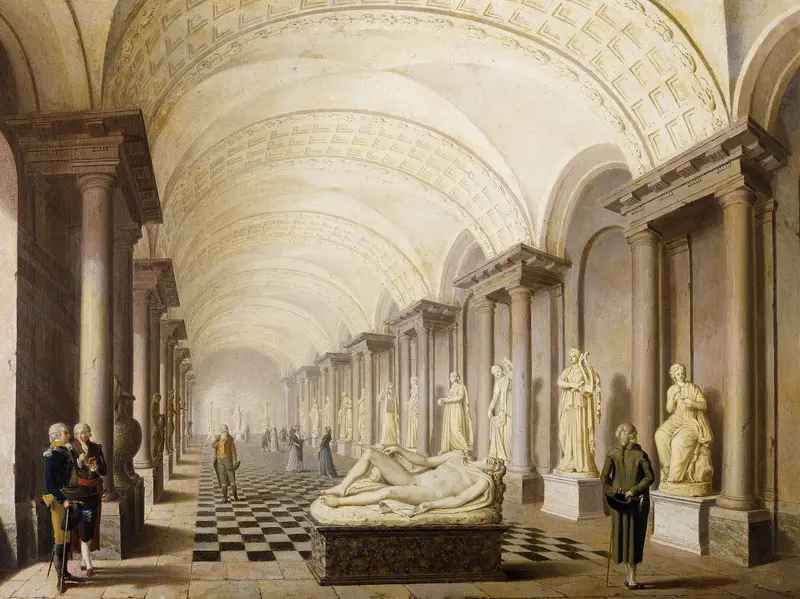 Neoclassical oil painting by Pehr Hilleström depicting muses in a museum interior