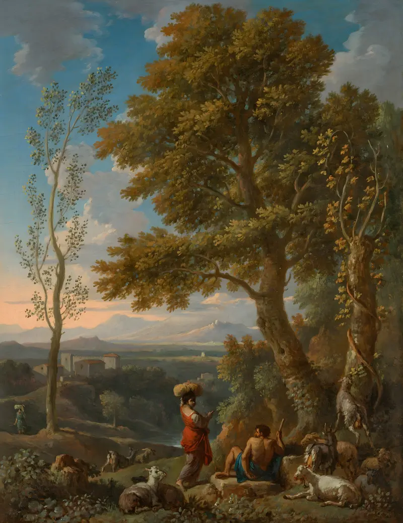 Classical landscape with a goatherd and flock, oil painting by Jan Frans Van Bloemen