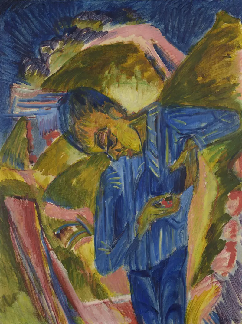 A wiry figure leans forward, clutching a fistful of sweets with a sly gaze, embodying nervous energy and vibrant colors.