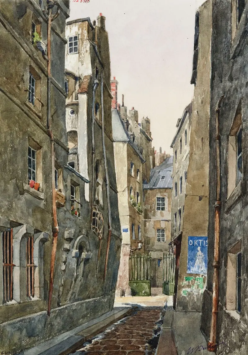 La rue de Nevers, oil on canvas by Henri Berthaut, depicting a lively urban street scene.