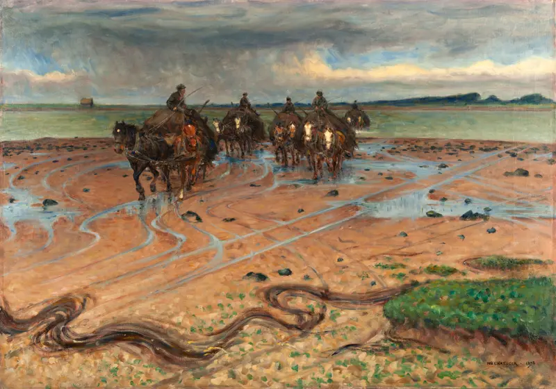 Seaweed Carters by Nils Kreuger, oil on canvas depicting figures gathering seaweed on the coast.