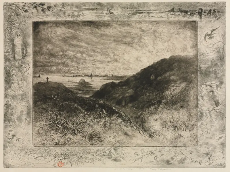 Marine scene with rugged cliffs and ocean by Félix Hilaire Buhot, oil painting