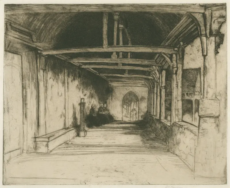 Montivilliers etching by David Young Cameron depicting a village in light and shadow