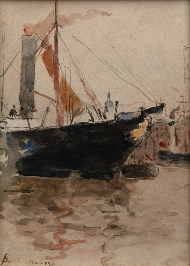 Harbor Scene, Isle of Wight by Berthe Morisot, oil on canvas depicting a tranquil harbor with a boat.