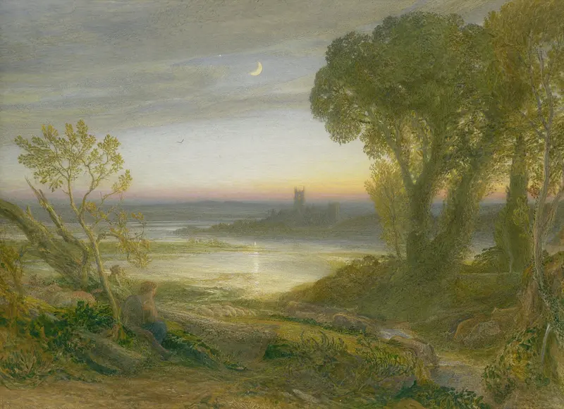 Twilight landscape with shadows and trees, oil on canvas by Samuel Palmer