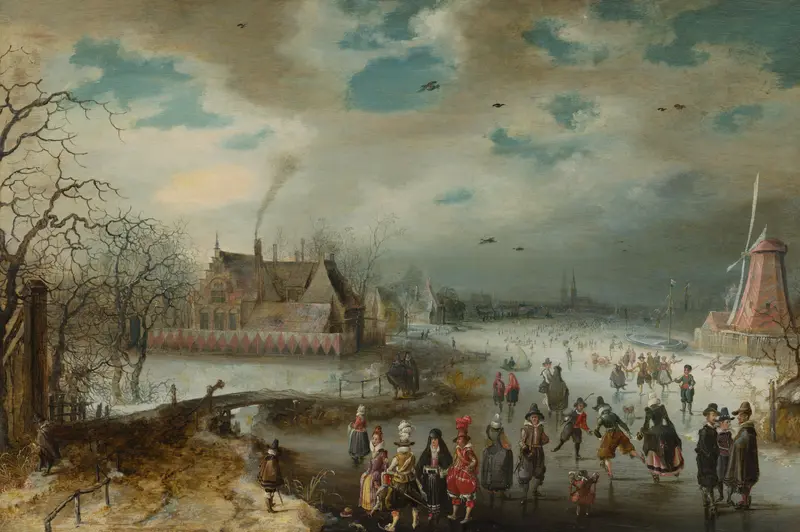 Skating on the Frozen Amstel River, oil painting by Adam van Breen showing skaters gliding on ice.