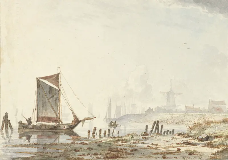 River scene with boats, oil on canvas by Hendrik Gerrit ten Cate