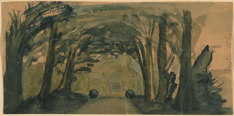 Engraving by Francis Seymour Haden depicting Mytton Hall with trees and a winding path