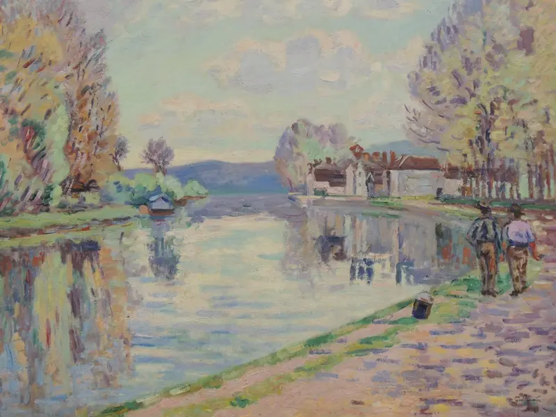 A serene river scene with figures walking along a sunlit towpath, reflections in the water, and autumn trees.