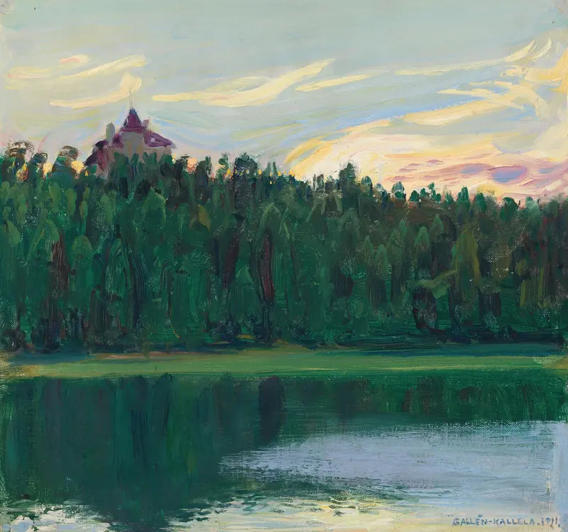 Lakeside Landscape by Akseli Gallen-Kallela, oil painting depicting a tranquil lake and shoreline.