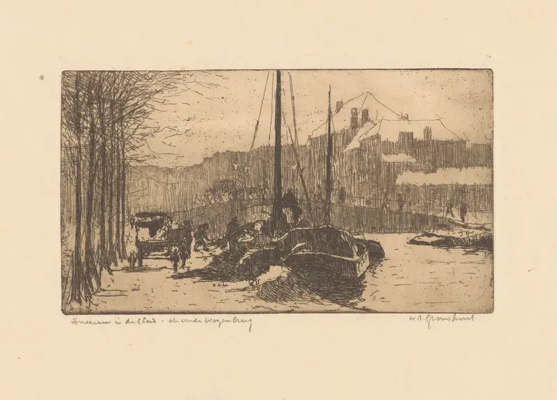 Winter landscape with snow in the city, oil on canvas by Willem Adrianus Grondhout