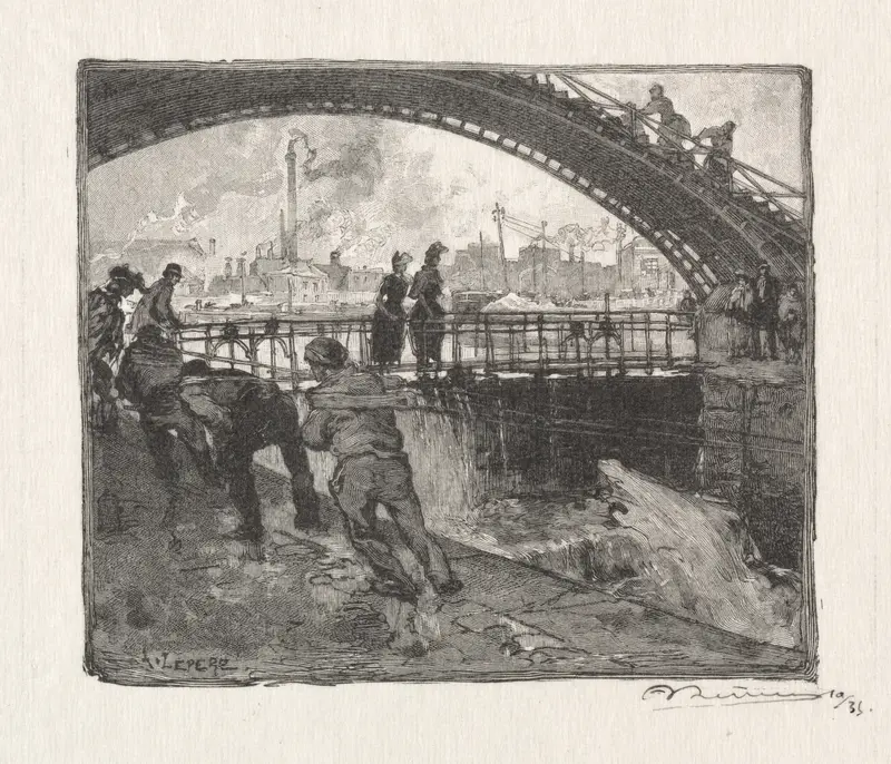 L’Ecluse du Canal St. Martin, etching by Auguste Louis Lepère, depicting a tranquil canal with reflections.