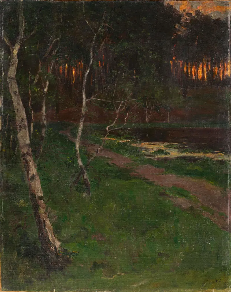 Birken am Seeufer bei untergehender Sonne, oil on canvas by Walter Leistikow