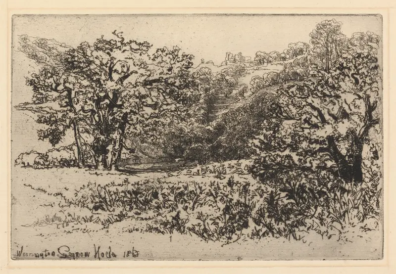Werrington engraving by Francis Seymour Haden depicting a serene landscape with hills and light.