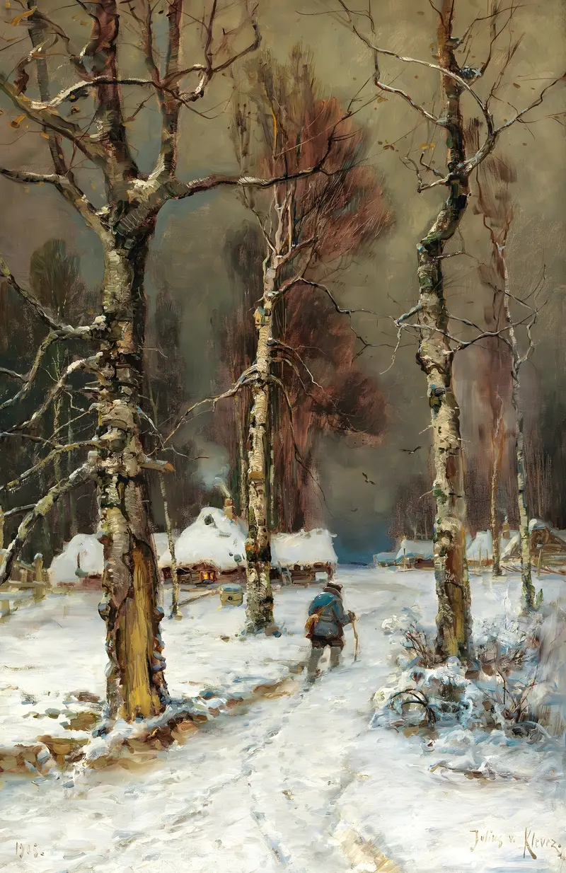 A Winter Evening by Julius Sergius Klever, oil painting depicting a snowy landscape with warm window glow.