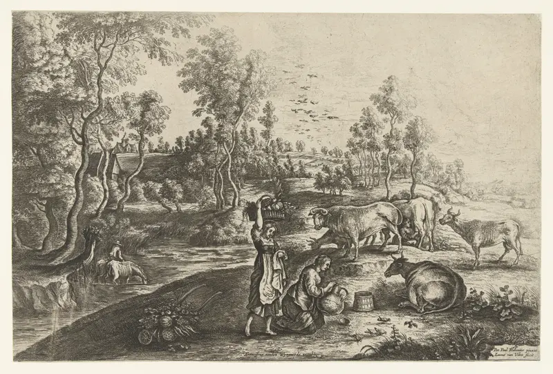Etching by Lucas van Uden depicting a farmhouse in a tranquil landscape.