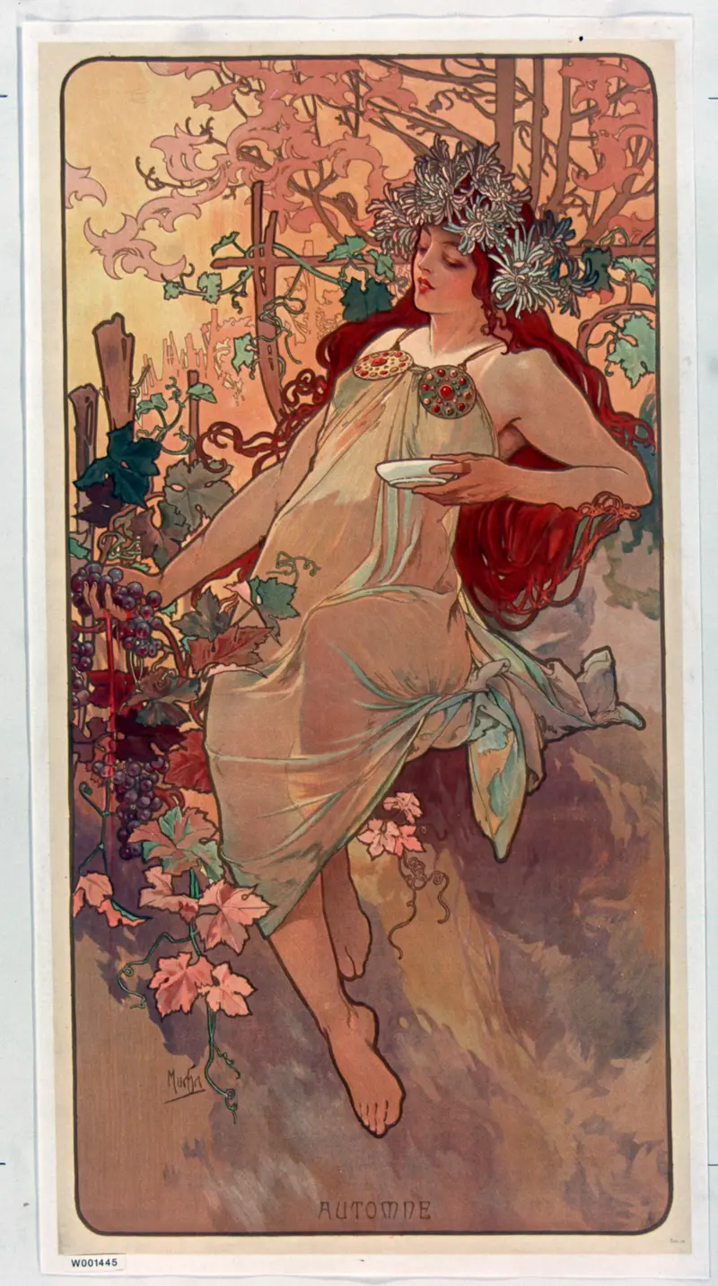 Alphonse Mucha's 'Les Saisons – automne' captures the essence of autumn through intricate design.