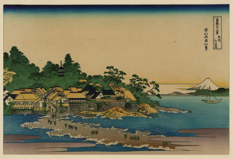 Woodblock print by Katsushika Hokusai depicting waves and Enoshima Island.