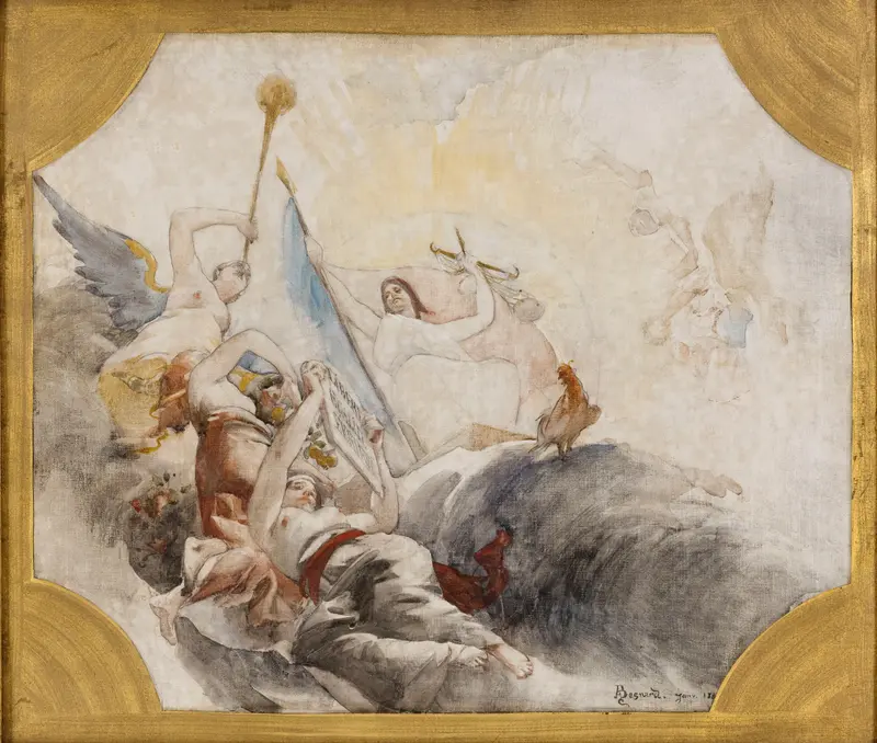 A vibrant sketch depicting figures in classical robes amidst swirling movement and light, symbolizing celebration and union.
