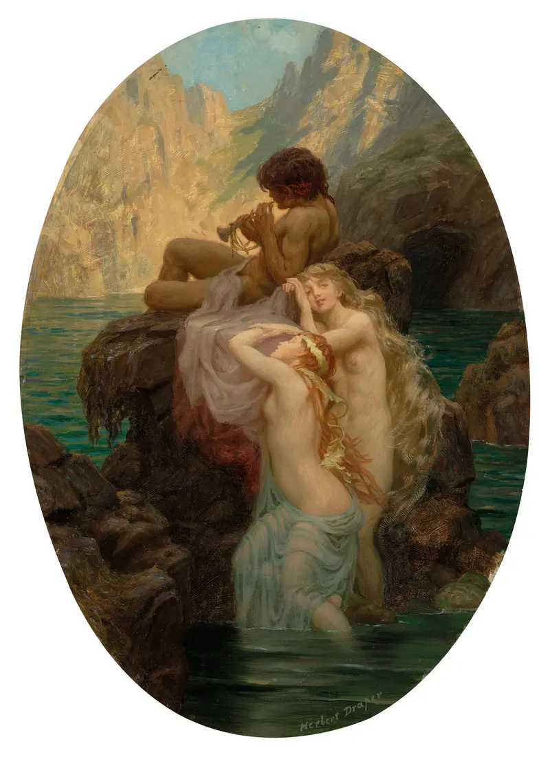Herbert James Draper's 'Sea Melodies' captures a serene marine scene with graceful figures.