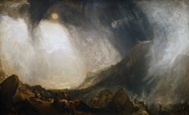 A stormy mountain landscape with swirling clouds, a shaft of light illuminating rugged terrain, and figures including one draped in red among rocks.
