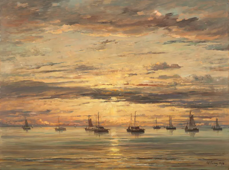 Sunset at Scheveningen by Hendrik Willem Mesdag, oil on canvas depicting fishing vessels at twilight.