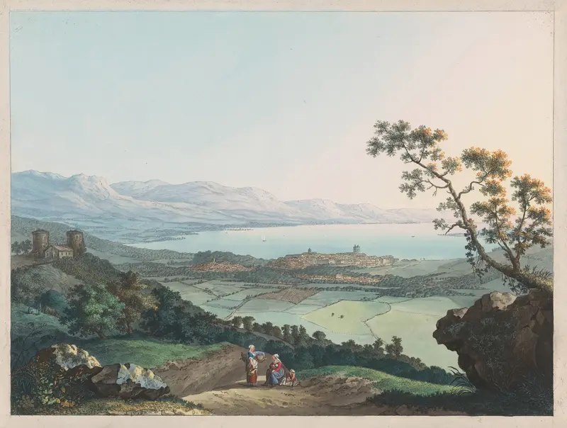 Landscape depicting Geneva with mountains, by Carl Ludwig Hackert, oil painting.