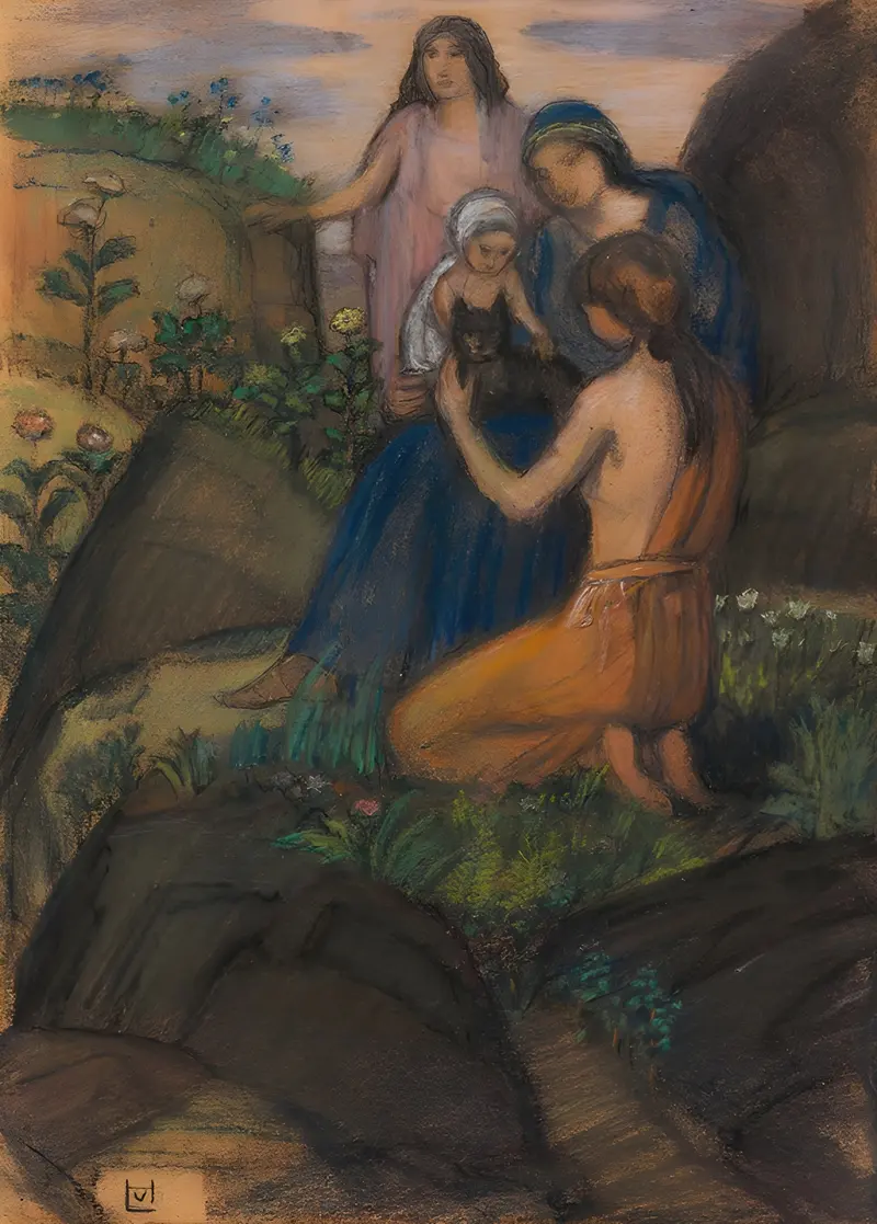 A serene depiction of women and children in an idyllic landscape.