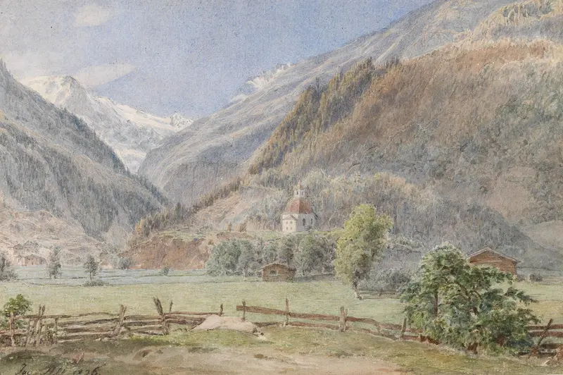 Landscape depicting a village and mountains, oil painting by Jakob Alt