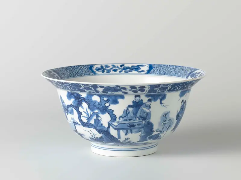 Ceramic bowl depicting a continuous landscape with scholars, unknown artist