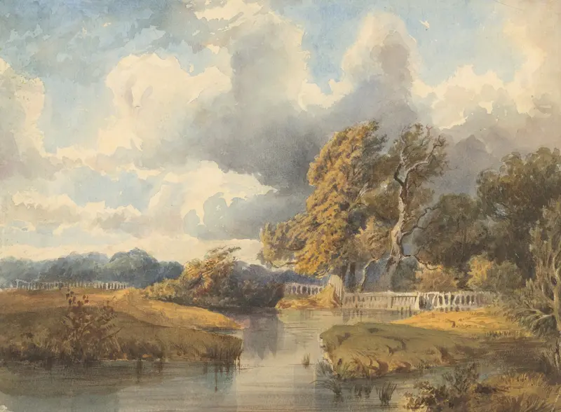 Lake in a Swiss Park by Ladislav Mednyánszky, oil on canvas depicting a tranquil lake and trees.