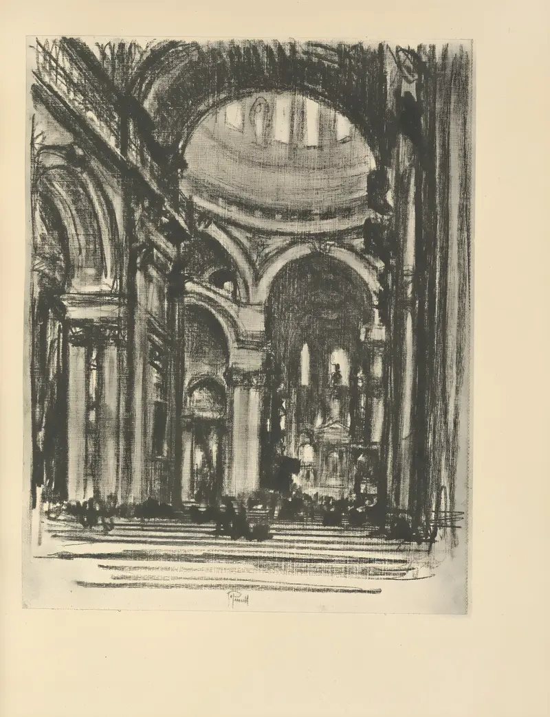 St. Paul's, The Nave lithograph by Joseph Pennell showing the cathedral's interior with light and shadow.