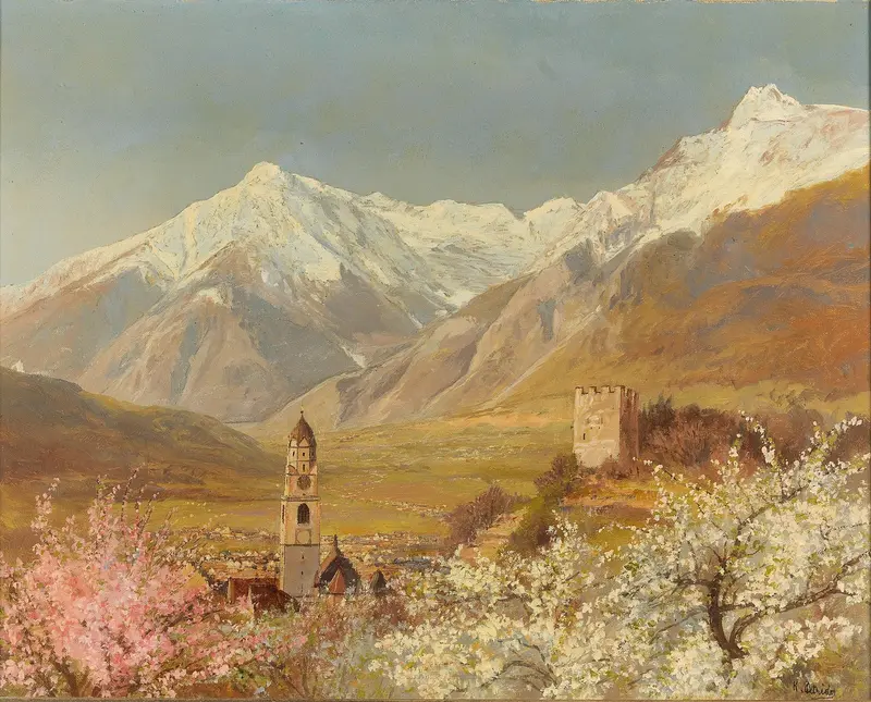 Landscape depicting spring hills by Konrad Petrides, oil painting.