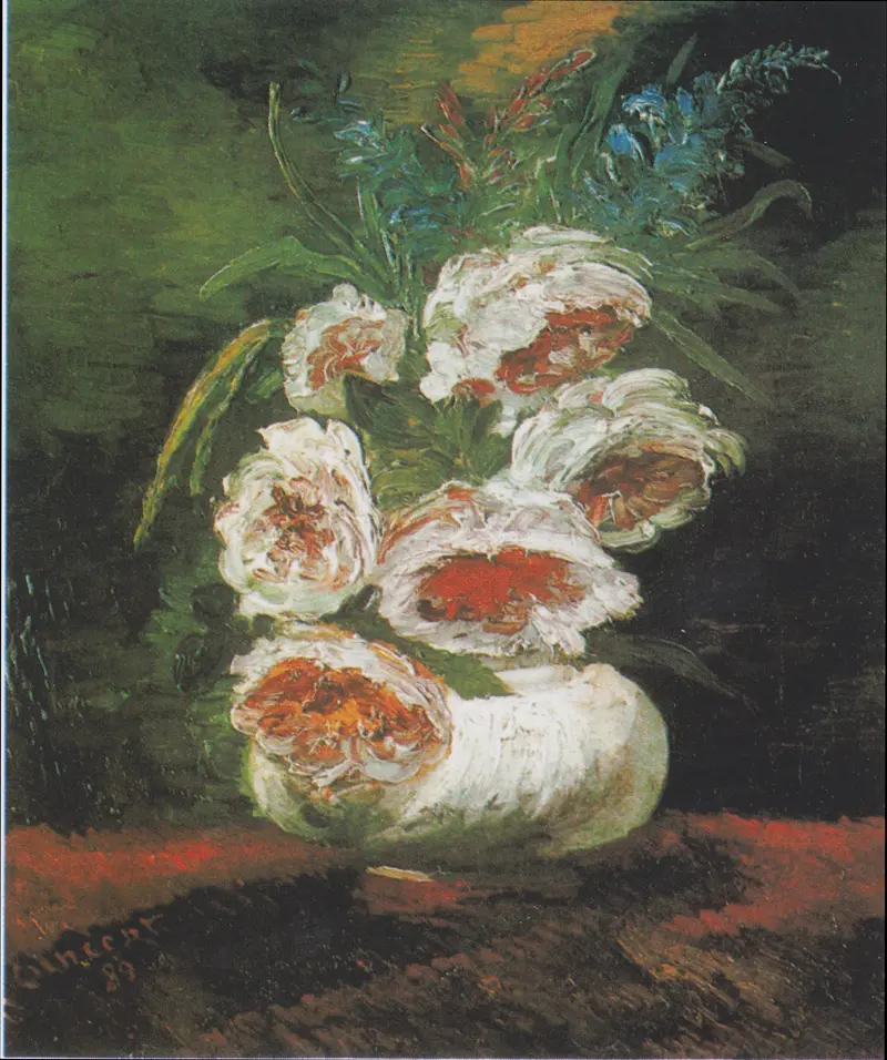 A vibrant still life of peonies in a vase, showcasing bold brushwork and luminous colors.