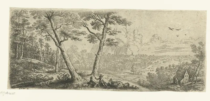 Landschap met twee converserende mannen, etching by Lucas van Uden, featuring two men in a serene landscape.