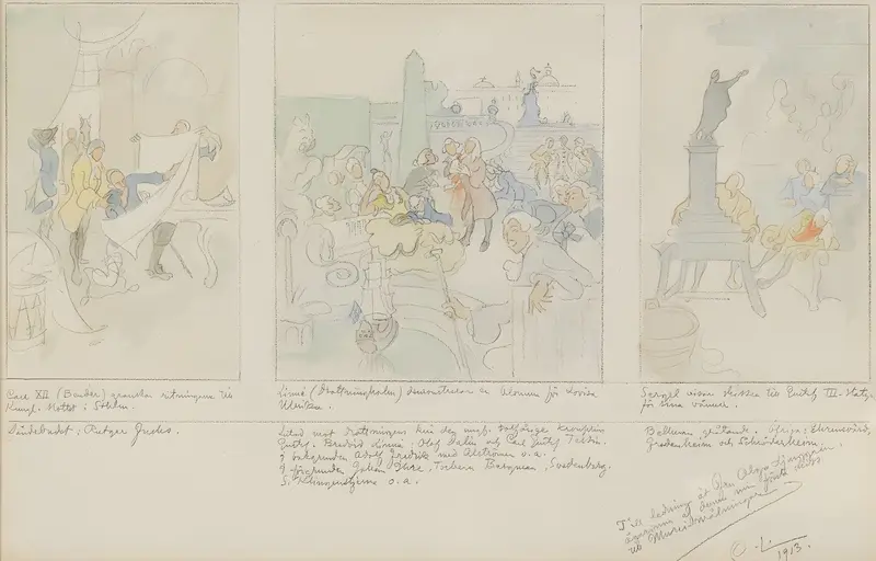 A decorative artwork by Carl Larsson depicting the proposed decoration for a museum hall.