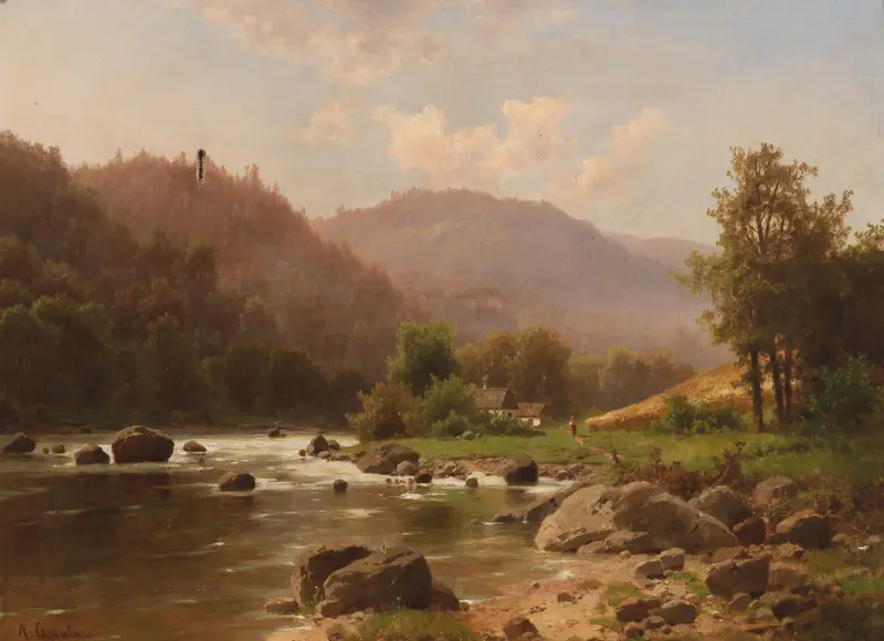 A serene riverside scene with sunlight glinting on water, a homestead, trees, and a solitary figure walking a path.