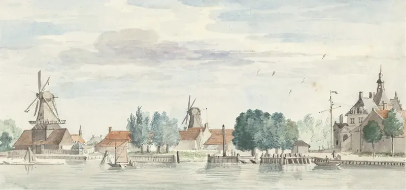 Landscape of Dordrecht with windmills and a pastel sky by Aert Schouman, oil painting.