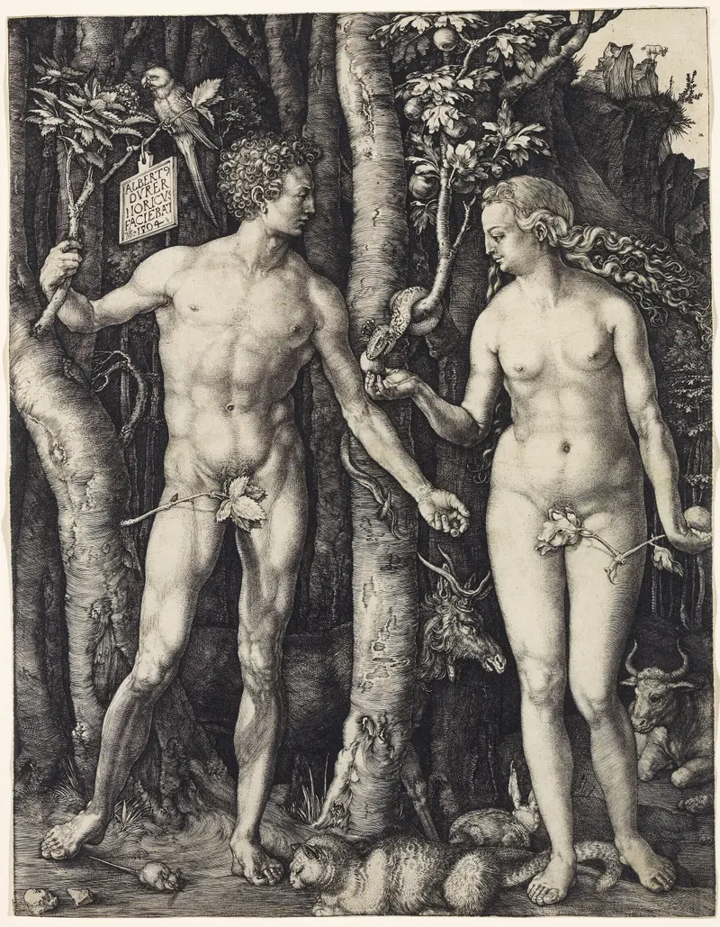 Black and white engraving showing nude Adam and Eve with fig leaves, a serpent on a branch between them, and a detailed forest background.