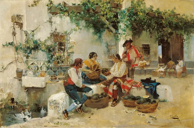 Four figures gather around baskets of green melons in a sunlit courtyard, with one woman cutting a melon and others seated or standing nearby.