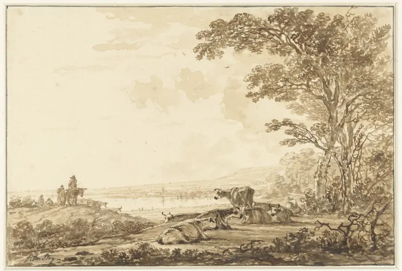 Rivierlandschap met rustend vee by Jacob van Strij, oil painting depicting cattle resting by a river