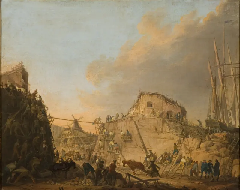 The Dock at Sveaborg by Elias Martin, oil on canvas depicting serene waters and dawn reflections.