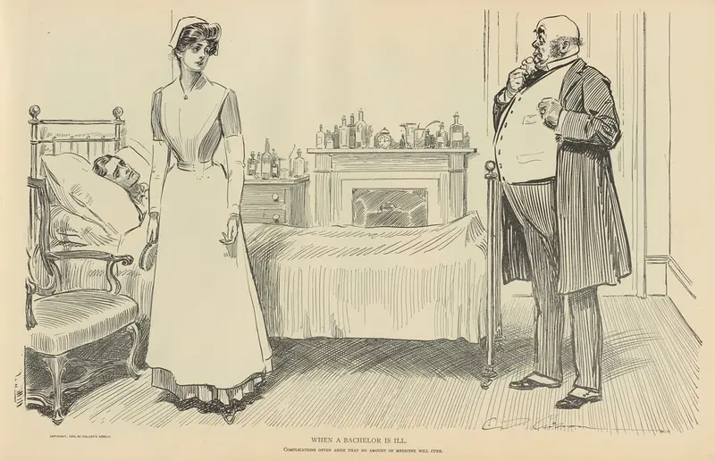 A bachelor in bed surrounded by attentive women offering remedies.