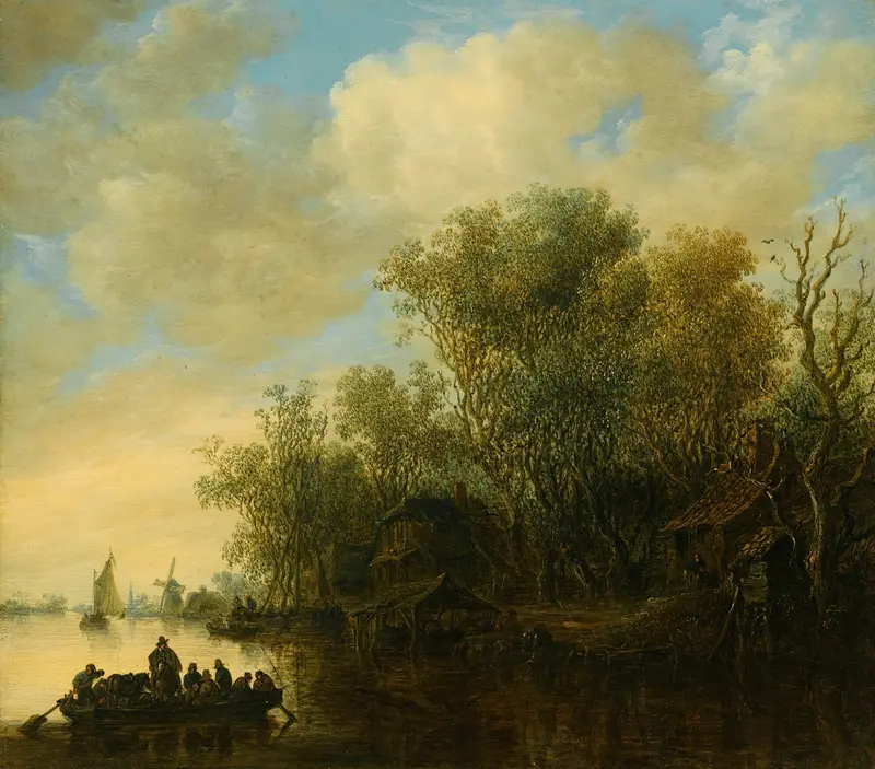 A river landscape with a ferry boat approaching a busy river bank, oil on canvas by Jan van Goyen.